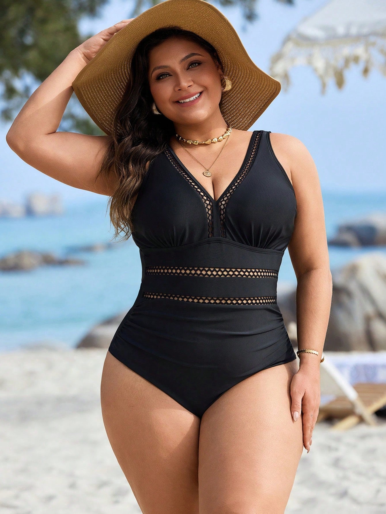 Swim Lushoire Maiô de uma peça com recortes na cintura, franzido, para férias, em cor sólida, para mulheres de Plus Size