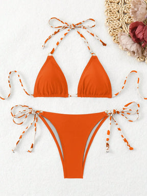 SHEIN Swim Conjunto de Maiô Bikini Estampado Aleatório, Decote em Halter, Costas Vazadas, Sensual, Praia de Verão
