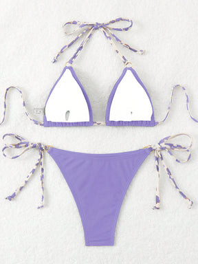 SHEIN Swim Conjunto de Maiô Bikini Estampado Aleatório, Decote em Halter, Costas Vazadas, Sensual, Praia de Verão