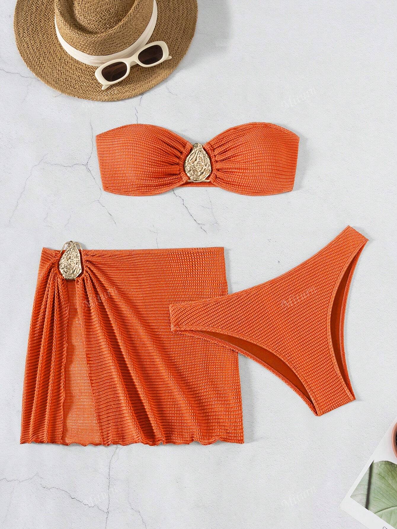 3 Peças Novo Conjunto de Maiô Bikini Fashion Sexy Cor Sólida em Marrom, Para Praia de Verão para Mulheres, Conjunto de Sutiã de Alça e Parte Inferior de Maiô Bikini