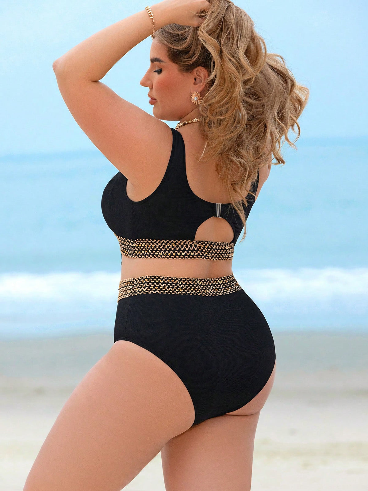 Swim Lushoire Conjunto de Maiô Bikini de 2 peças para Mulheres Plus Size com Tecido Texturizado, Amarração na Frente do Busto e Cintura Alta, Traje de Banho Elegante e Sexy para Férias na Praia e Verão