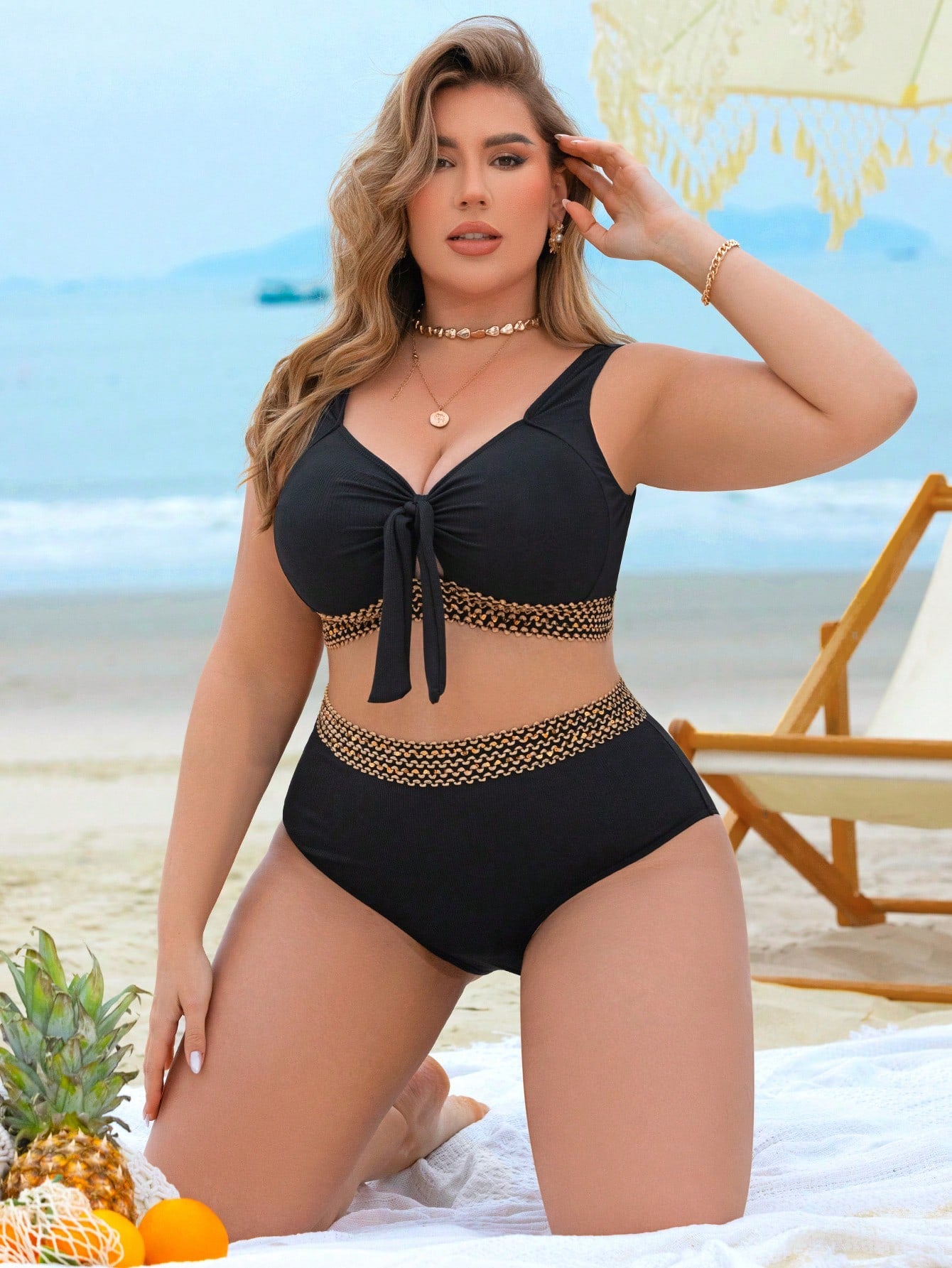 Swim Lushoire Conjunto de Maiô Bikini de 2 peças para Mulheres Plus Size com Tecido Texturizado, Amarração na Frente do Busto e Cintura Alta, Traje de Banho Elegante e Sexy para Férias na Praia e Verão