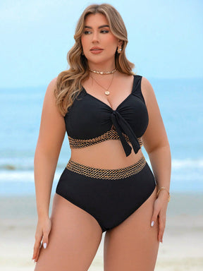 Swim Lushoire Conjunto de Maiô Bikini de 2 peças para Mulheres Plus Size com Tecido Texturizado, Amarração na Frente do Busto e Cintura Alta, Traje de Banho Elegante e Sexy para Férias na Praia e Verão