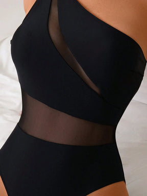Swim Lushoire 1 Peça Maiô Estilo Spring Break Feminino, Cor Sólida com Recortes em Tela, Assimétrico com Ombro Único e Costas Abertas, Casual e Elegante para Férias e Natação