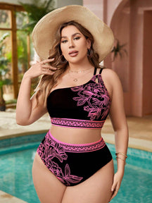 Swim Lushoire Conjunto de Maiô Bikini de Ombro Único Estampado para Mulheres Plus Size, Praia de Verão