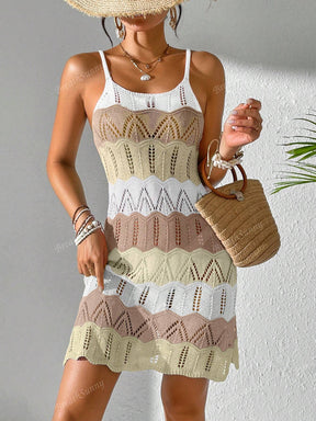Vestido Tricô Vazado Recorte Colorido Contrastante, Vestido Boêmio Feminino de Verão para Férias na Praia