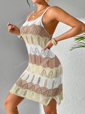 Vestido Tricô Vazado Recorte Colorido Contrastante, Vestido Boêmio Feminino de Verão para Férias na Praia