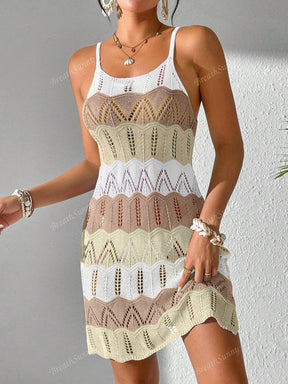 Vestido Tricô Vazado Recorte Colorido Contrastante, Vestido Boêmio Feminino de Verão para Férias na Praia