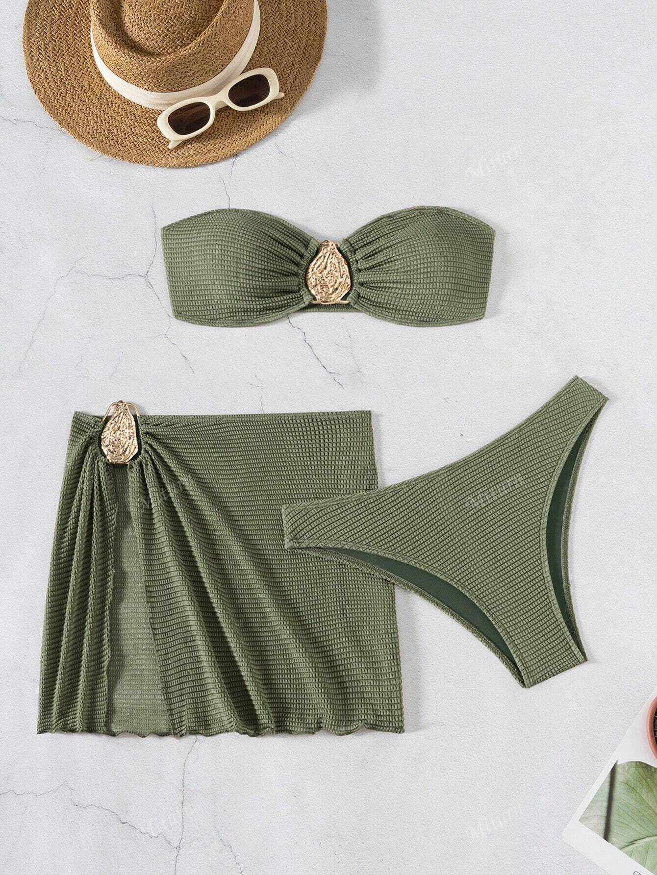 3 Peças Novo Conjunto de Maiô Bikini Fashion Sexy Cor Sólida em Marrom, Para Praia de Verão para Mulheres, Conjunto de Sutiã de Alça e Parte Inferior de Maiô Bikini