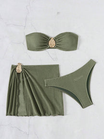 3 Peças Novo Conjunto de Maiô Bikini Fashion Sexy Cor Sólida em Marrom, Para Praia de Verão para Mulheres, Conjunto de Sutiã de Alça e Parte Inferior de Maiô Bikini