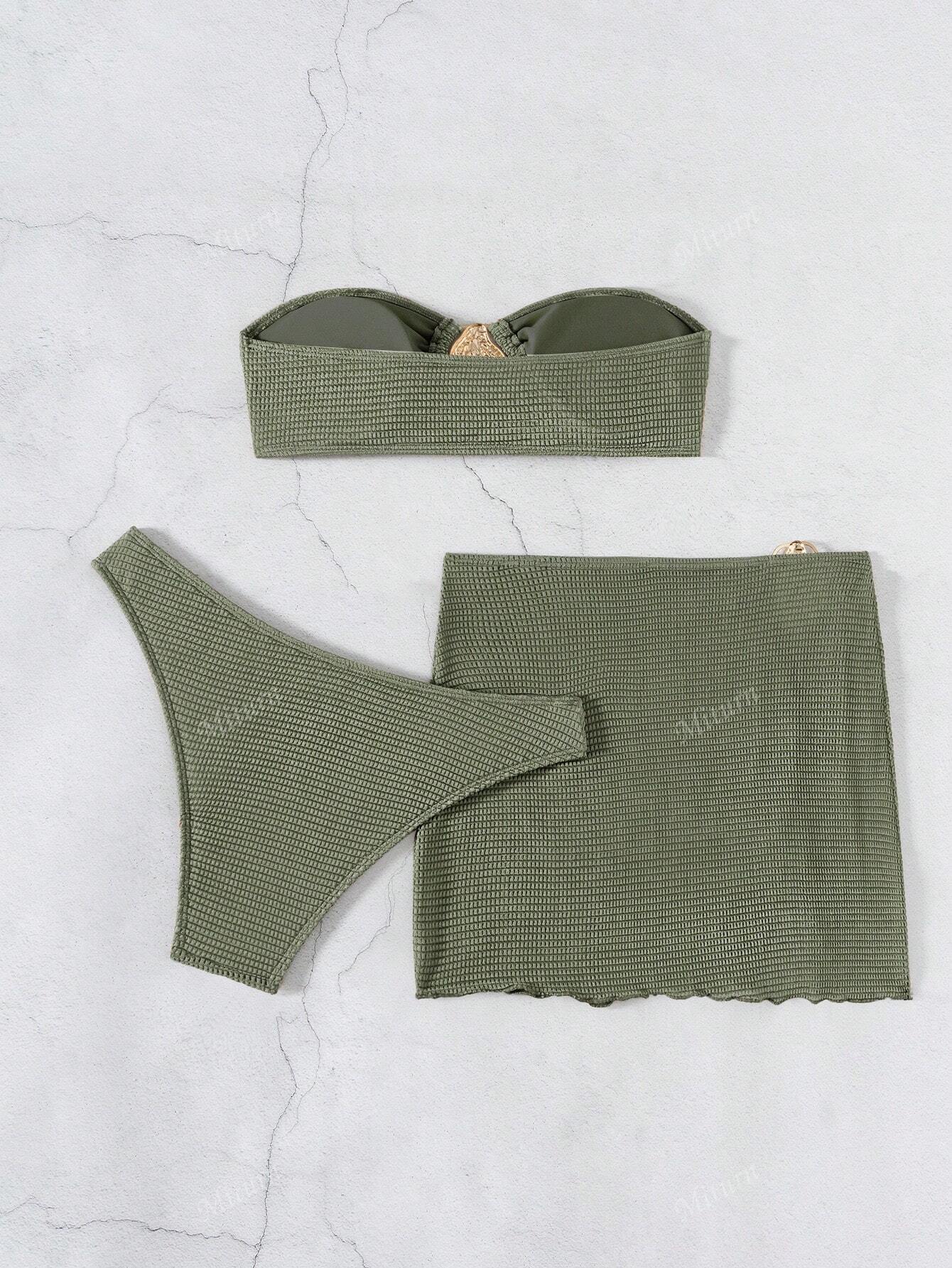 3 Peças Novo Conjunto de Maiô Bikini Fashion Sexy Cor Sólida em Marrom, Para Praia de Verão para Mulheres, Conjunto de Sutiã de Alça e Parte Inferior de Maiô Bikini