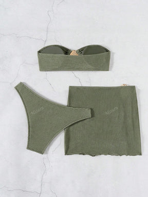 3 Peças Novo Conjunto de Maiô Bikini Fashion Sexy Cor Sólida em Marrom, Para Praia de Verão para Mulheres, Conjunto de Sutiã de Alça e Parte Inferior de Maiô Bikini