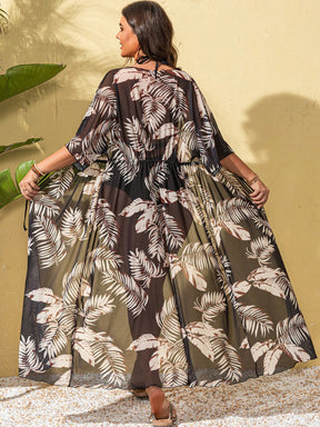 Swim Lushoire Kimono estampado de folhas Plus Size para mulheres, Casual para férias, Para praia no verão