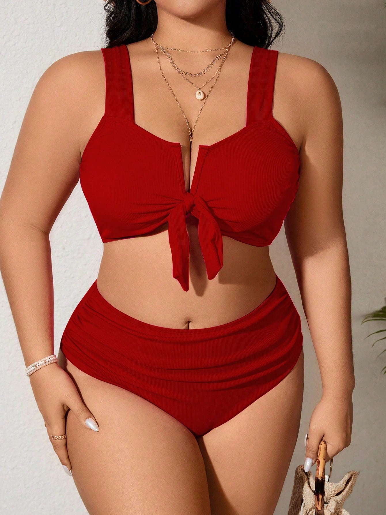SHEIN Swim Curve 2 Peças/Conjunto Maiô Bikini com Fita Ajustável e Laço em Marrom Plus Size, Verão
