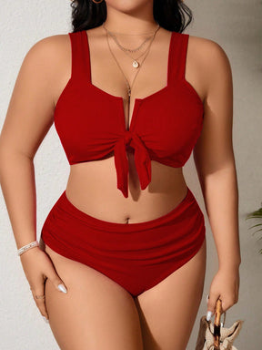SHEIN Swim Curve 2 Peças/Conjunto Maiô Bikini com Fita Ajustável e Laço em Marrom Plus Size, Verão