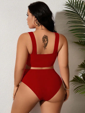 SHEIN Swim Curve 2 Peças/Conjunto Maiô Bikini com Fita Ajustável e Laço em Marrom Plus Size, Verão