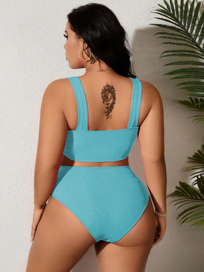 SHEIN Swim Curve 2 Peças/Conjunto Maiô Bikini com Fita Ajustável e Laço em Marrom Plus Size, Verão