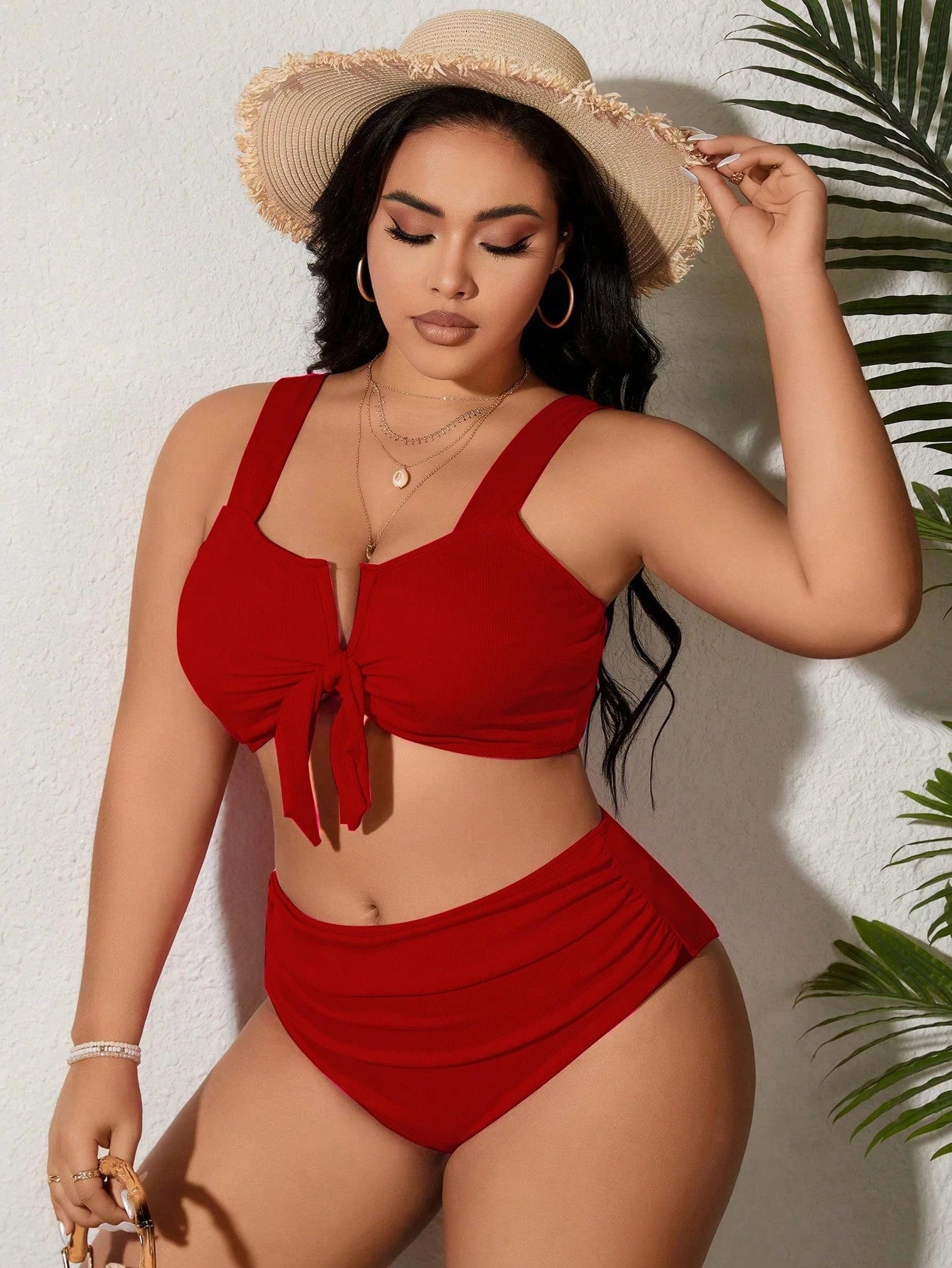 SHEIN Swim Curve 2 Peças/Conjunto Maiô Bikini com Fita Ajustável e Laço em Marrom Plus Size, Verão