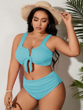 SHEIN Swim Curve 2 Peças/Conjunto Maiô Bikini com Fita Ajustável e Laço em Marrom Plus Size, Verão