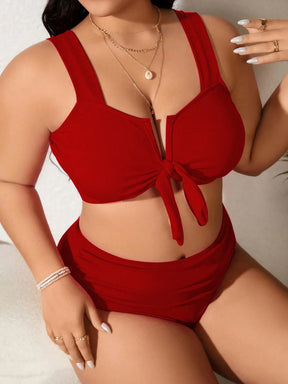 SHEIN Swim Curve 2 Peças/Conjunto Maiô Bikini com Fita Ajustável e Laço em Marrom Plus Size, Verão