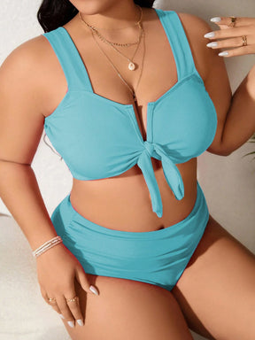SHEIN Swim Curve 2 Peças/Conjunto Maiô Bikini com Fita Ajustável e Laço em Marrom Plus Size, Verão
