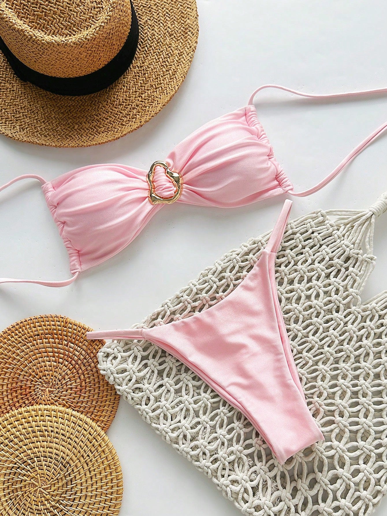 SHEIN Swim Conjunto de Maiô Bikini Feminino Strapless de Verão Solid Color com Amarração e Decoração Metálica, Sexy