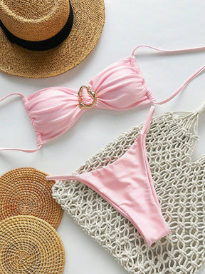 SHEIN Swim Conjunto de Maiô Bikini Feminino Strapless de Verão Solid Color com Amarração e Decoração Metálica, Sexy