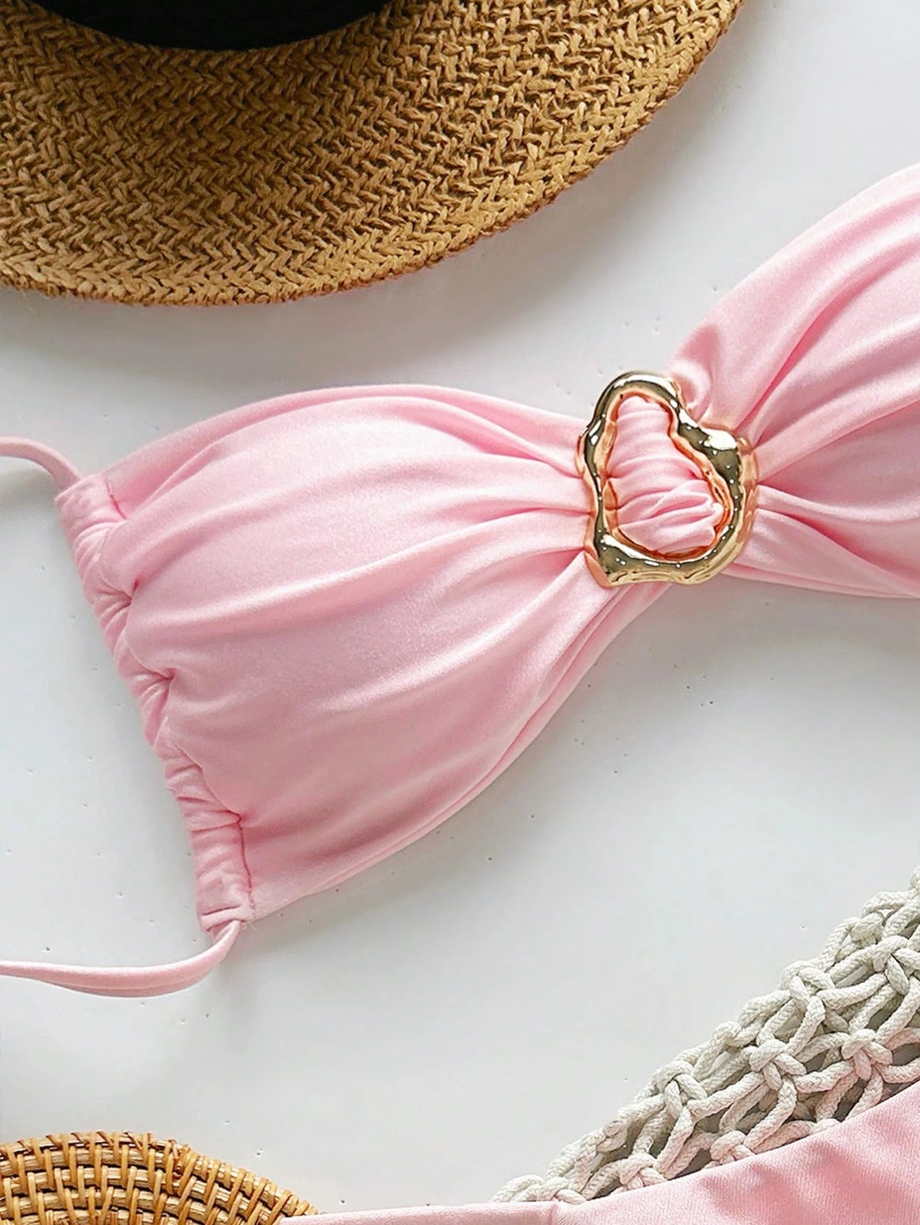 SHEIN Swim Conjunto de Maiô Bikini Feminino Strapless de Verão Solid Color com Amarração e Decoração Metálica, Sexy