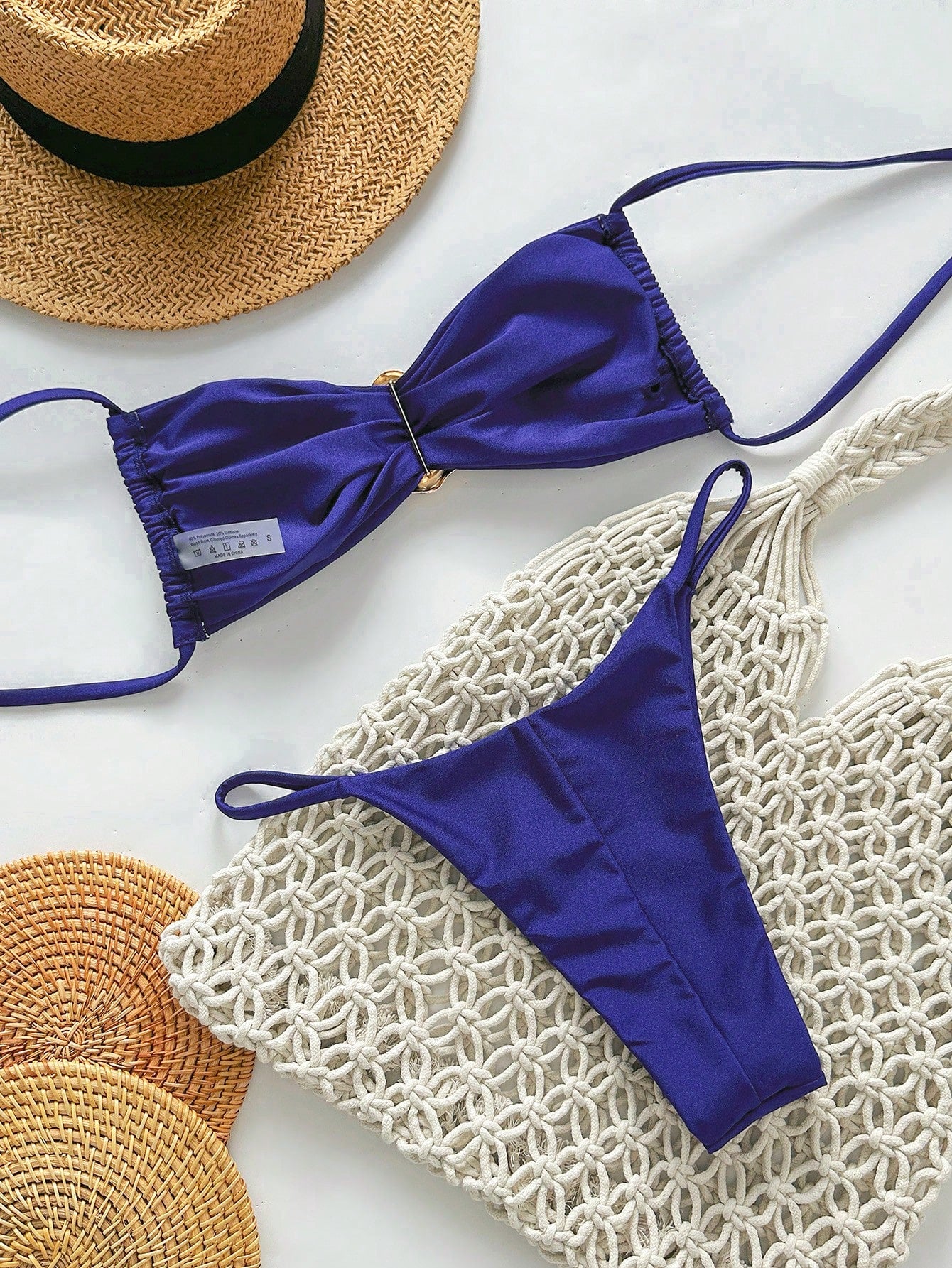 SHEIN Swim Conjunto de Maiô Bikini Feminino Strapless de Verão Solid Color com Amarração e Decoração Metálica, Sexy