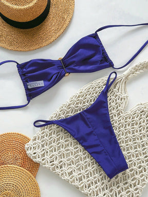 SHEIN Swim Conjunto de Maiô Bikini Feminino Strapless de Verão Solid Color com Amarração e Decoração Metálica, Sexy