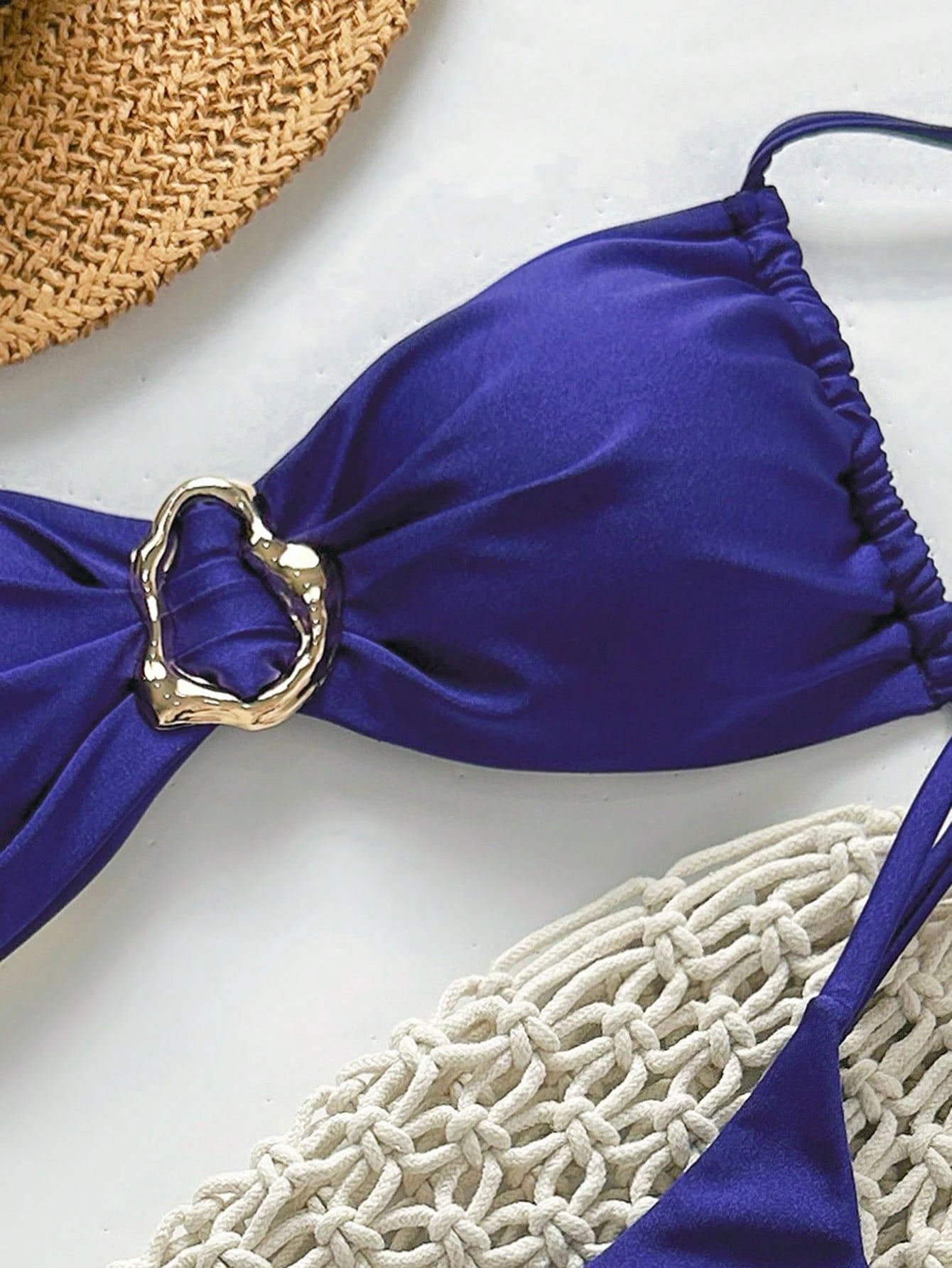 SHEIN Swim Conjunto de Maiô Bikini Feminino Strapless de Verão Solid Color com Amarração e Decoração Metálica, Sexy