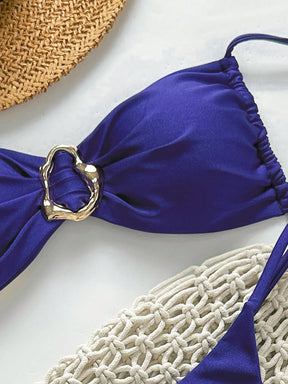 SHEIN Swim Conjunto de Maiô Bikini Feminino Strapless de Verão Solid Color com Amarração e Decoração Metálica, Sexy