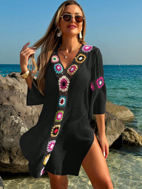 Swim Vcay Roupas de Verão para Mulheres, Vestido Túnica Solto com Decote em V, Manga 3/4, Flor de Crochê em Cor Aleatória, Fenda Lateral, Ideal para Praia e Férias de Verão