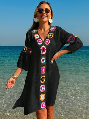 Swim Vcay Roupas de Verão para Mulheres, Vestido Túnica Solto com Decote em V, Manga 3/4, Flor de Crochê em Cor Aleatória, Fenda Lateral, Ideal para Praia e Férias de Verão