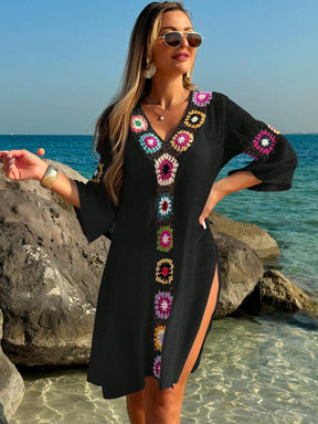Swim Vcay Roupas de Verão para Mulheres, Vestido Túnica Solto com Decote em V, Manga 3/4, Flor de Crochê em Cor Aleatória, Fenda Lateral, Ideal para Praia e Férias de Verão