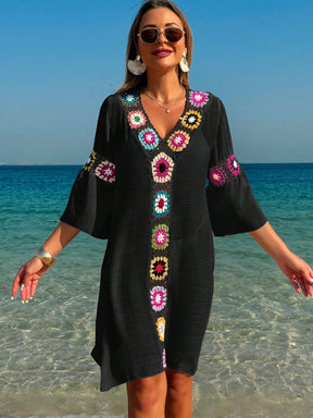 Swim Vcay Roupas de Verão para Mulheres, Vestido Túnica Solto com Decote em V, Manga 3/4, Flor de Crochê em Cor Aleatória, Fenda Lateral, Ideal para Praia e Férias de Verão