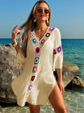 Swim Vcay Roupas de Verão para Mulheres, Vestido Túnica Solto com Decote em V, Manga 3/4, Flor de Crochê em Cor Aleatória, Fenda Lateral, Ideal para Praia e Férias de Verão