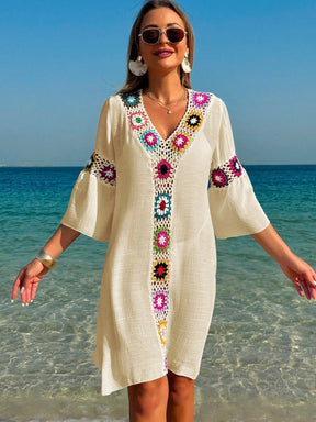 Swim Vcay Roupas de Verão para Mulheres, Vestido Túnica Solto com Decote em V, Manga 3/4, Flor de Crochê em Cor Aleatória, Fenda Lateral, Ideal para Praia e Férias de Verão