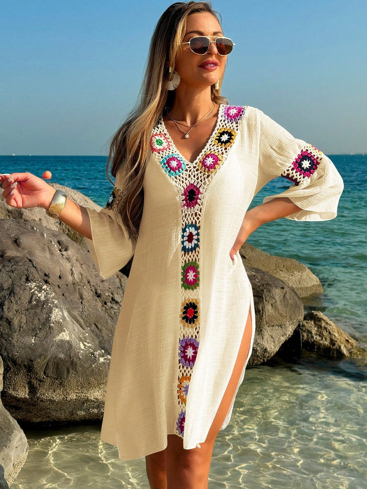 Swim Vcay Roupas de Verão para Mulheres, Vestido Túnica Solto com Decote em V, Manga 3/4, Flor de Crochê em Cor Aleatória, Fenda Lateral, Ideal para Praia e Férias de Verão