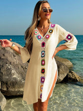 Swim Vcay Roupas de Verão para Mulheres, Vestido Túnica Solto com Decote em V, Manga 3/4, Flor de Crochê em Cor Aleatória, Fenda Lateral, Ideal para Praia e Férias de Verão