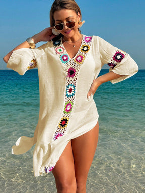 Swim Vcay Roupas de Verão para Mulheres, Vestido Túnica Solto com Decote em V, Manga 3/4, Flor de Crochê em Cor Aleatória, Fenda Lateral, Ideal para Praia e Férias de Verão