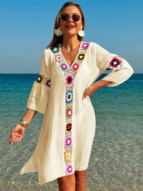 Swim Vcay Roupas de Verão para Mulheres, Vestido Túnica Solto com Decote em V, Manga 3/4, Flor de Crochê em Cor Aleatória, Fenda Lateral, Ideal para Praia e Férias de Verão