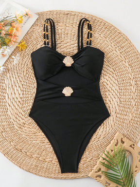 Swim Chiccia Maiô de Uma Peça para Praia e Resort, Decor de Metal, Decote Vazado, com Alças Duplas, Cor Sólida, para Mulheres