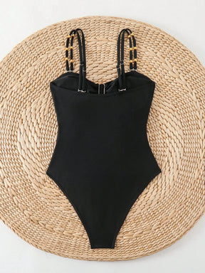 Swim Chiccia Maiô de Uma Peça para Praia e Resort, Decor de Metal, Decote Vazado, com Alças Duplas, Cor Sólida, para Mulheres