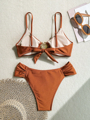 Swim Vcay Conjunto de Maiô Bikini com Alças Finas Plissadas de Corte Alto, Acessórios Metálicos Sexy, Totalmente Vegano, Roupa de Praia de Férias de Primavera para Mulheres, Roupa de Banho de Verão para Mulheres