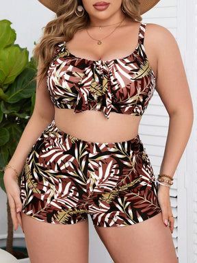 Swim Lushoire Conjunto de Maiô Bikini com Amarração na Frente e Estampa de Planta Tropical para Mulheres Plus Size, Praia de Verão