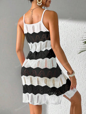 Vestido Tricô Vazado Recorte Colorido Contrastante, Vestido Boêmio Feminino de Verão para Férias na Praia