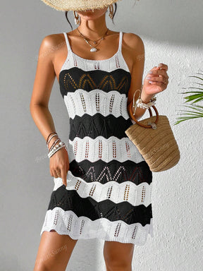 Vestido Tricô Vazado Recorte Colorido Contrastante, Vestido Boêmio Feminino de Verão para Férias na Praia