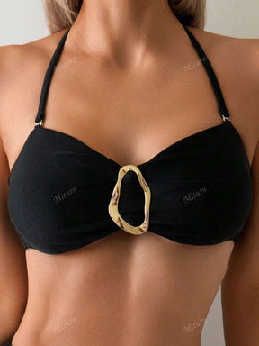 Conjunto de Maiô Bikini Tomara que Caia de Duas Peças de Cor Sólida e Busto Plano, com Acessórios Metálicos no Meio, Adequado para Férias na Ilha, Fotografia, Natação, para a Praia no Verão