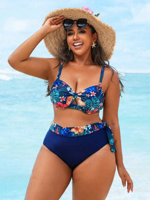 Swim Lushoire Conjunto com 2 Peças Estampa de Planta Tropical Aleatória para Mulheres Plus Size, Top Assimétrica com Babado e Maiô Bikini Triângulo de Cintura Alta, Traje de Banho Simples para Férias e Uso Diário